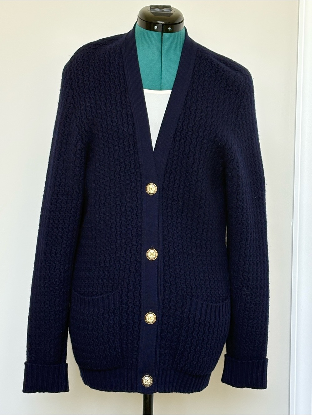 CHANEL Vintage Cashmere Cardigan with Gold CC Logo Buttons - late 1980’s